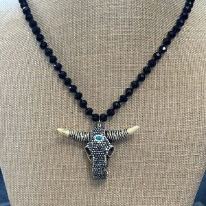 Long Black Beaded Necklace With Steer Skull Pendant - Mint-Sparkle; NWOT